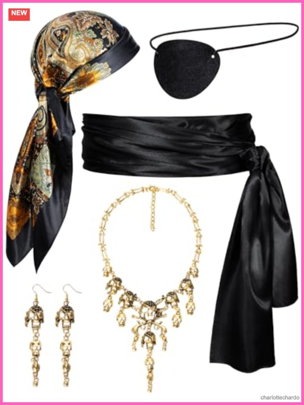 Pirate Costume Accessory Set Head Scarf Sash Belt Necklace Earrings Eye Patch 6